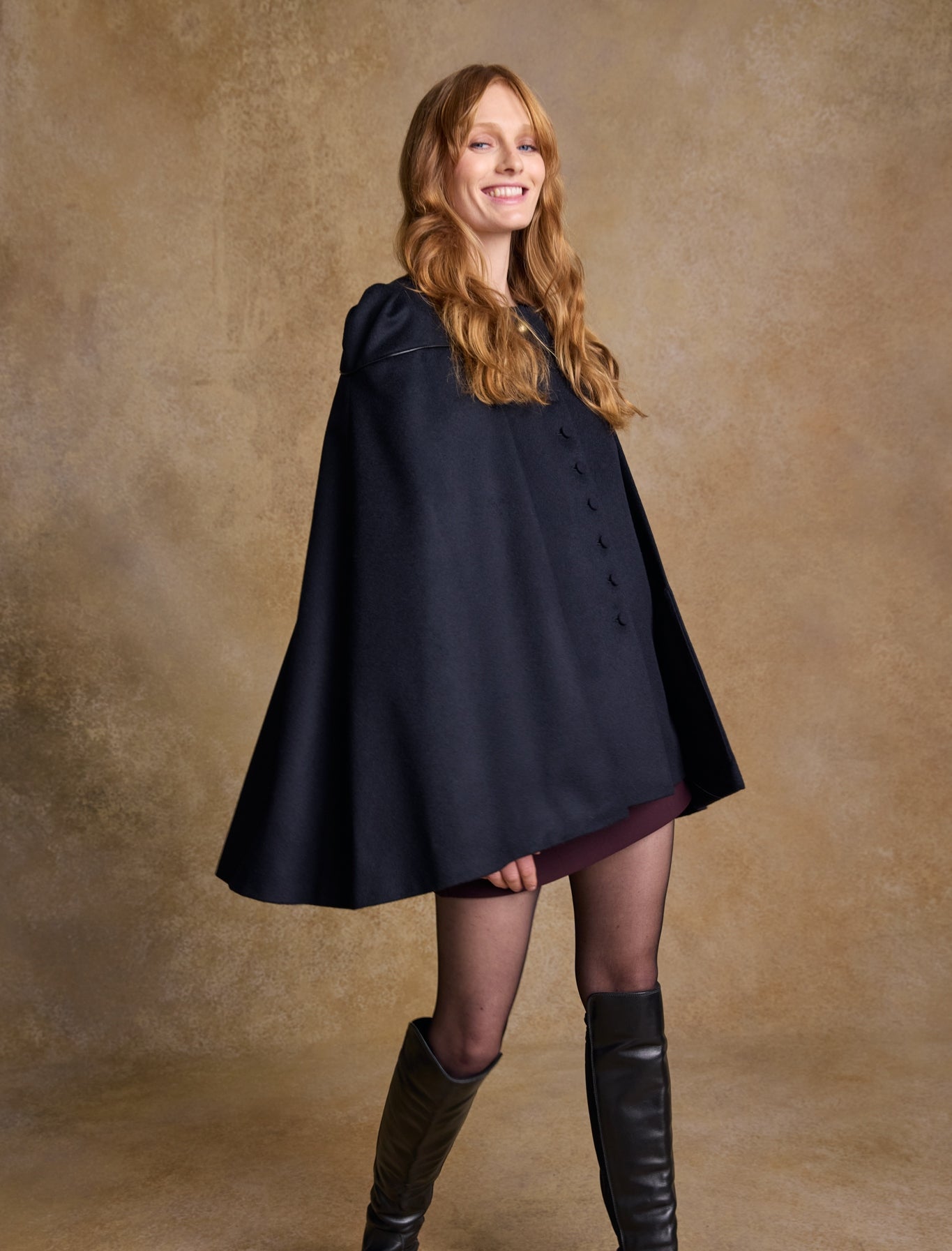Aisling Tailored Tweed Cape - Deep Navy Melton