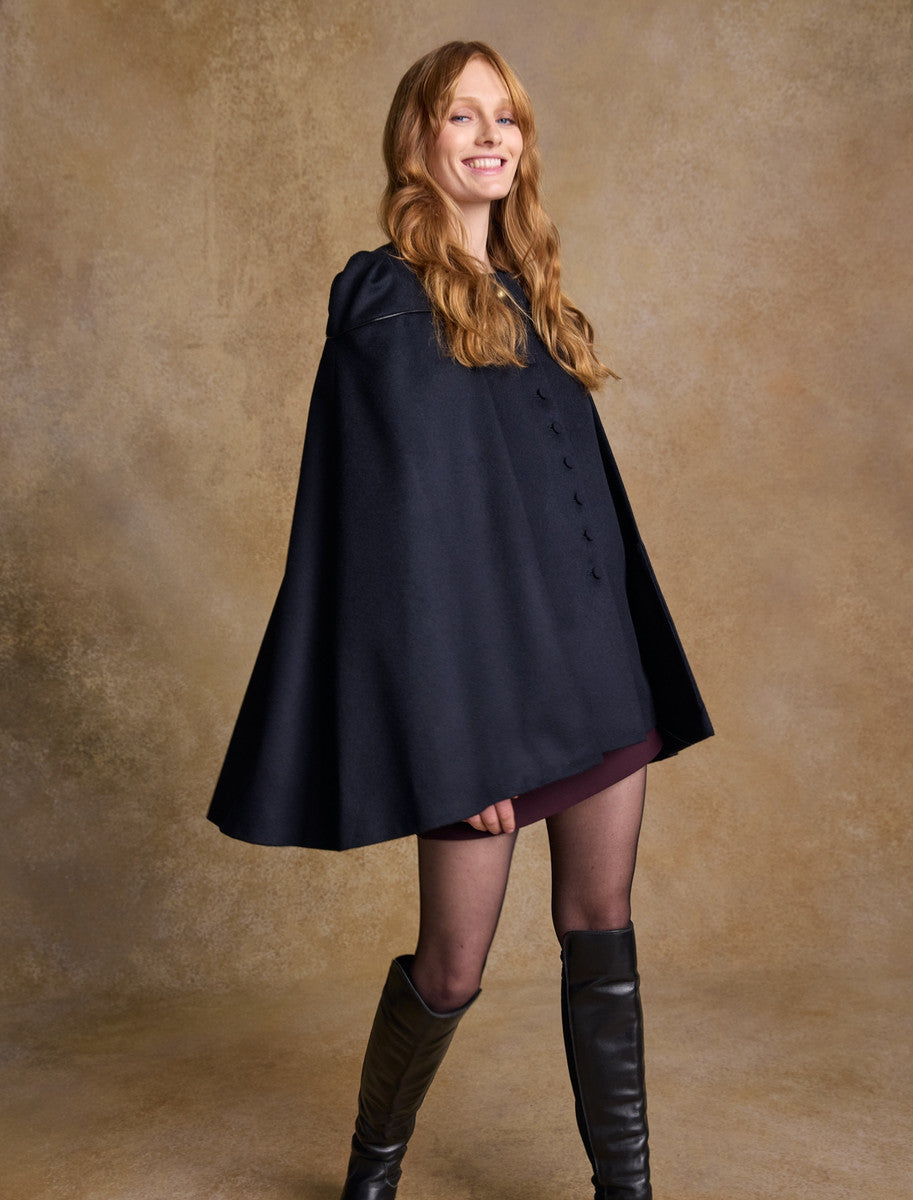 Aisling Tailored Tweed Cape - Deep Navy Melton