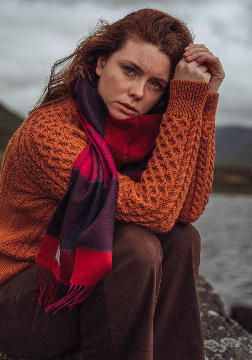 Fine Merino Plaid Scarf - Red Fushia