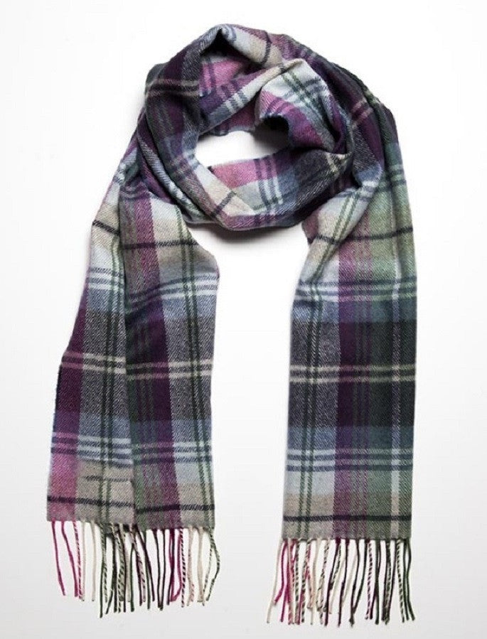 Narrow Lambswool Checked Scarf - Green, Blue & Pink Plaid