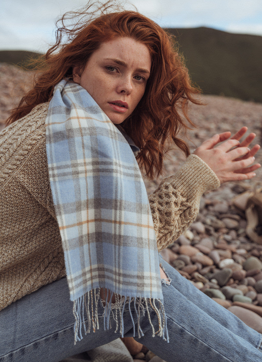 Fine Merino Plaid Scarf - Light Blue Grey