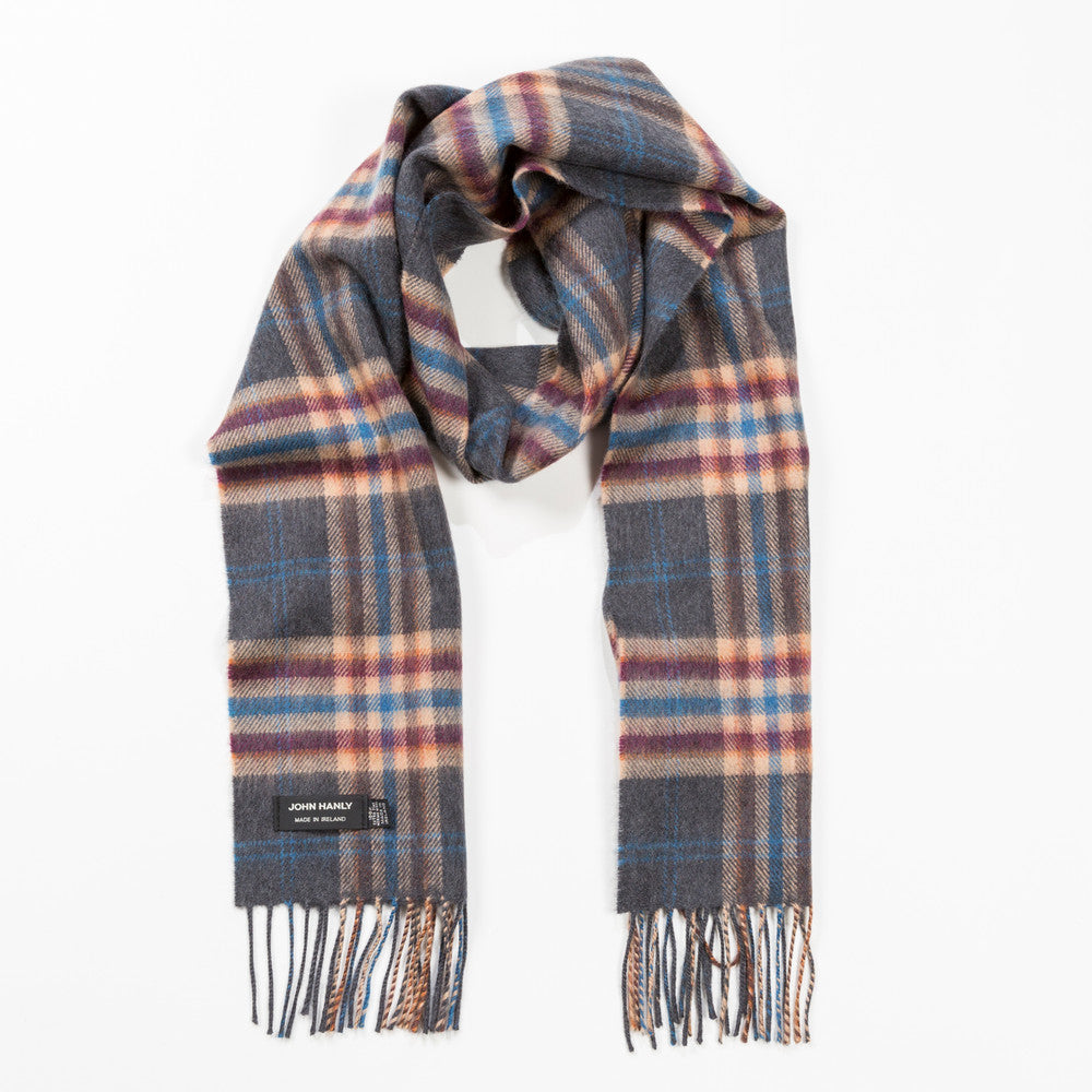Fine Merino Plaid Scarf - Grey Beige Cranberry