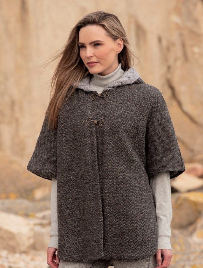 Donegal Tweed Cape with Aran Collar - Charcoal