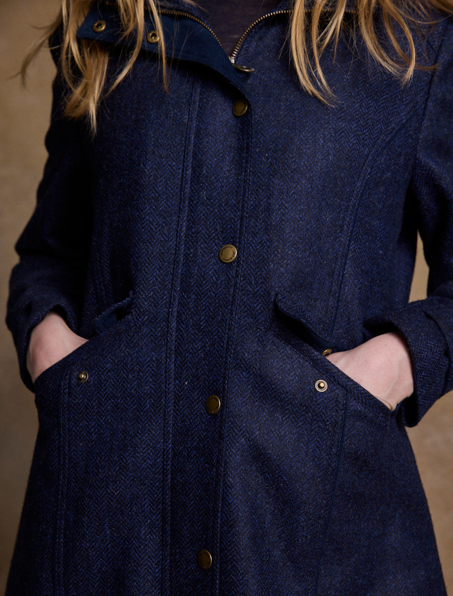 Julia Long Tweed Coat - Navy Herringbone