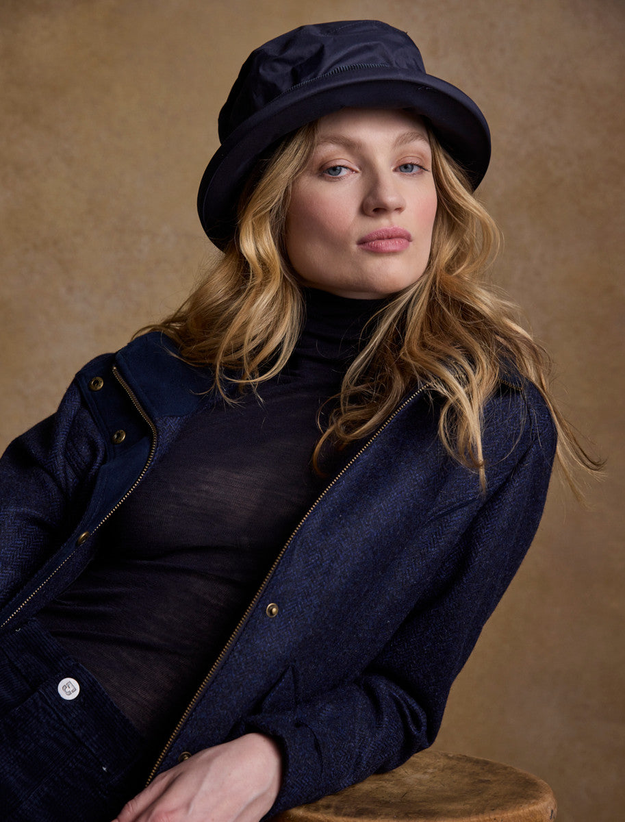 Julia Long Tweed Coat - Navy Herringbone