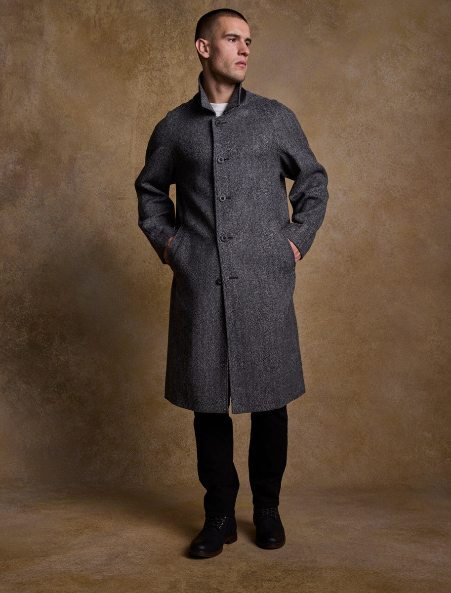 Sean Tweed Overcoat - Charcoal Wide Herringbone