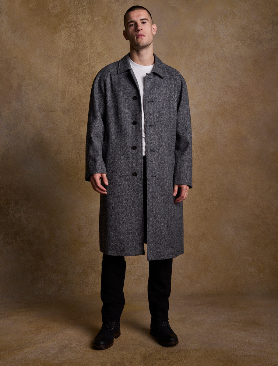 Sean Tweed Overcoat - Charcoal Wide Herringbone