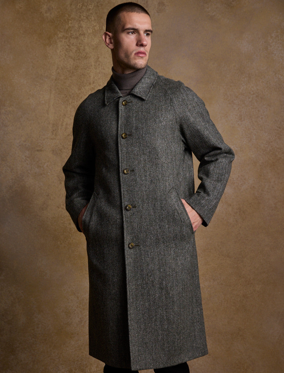 Sean Tweed Overcoat - Olive Herringbone