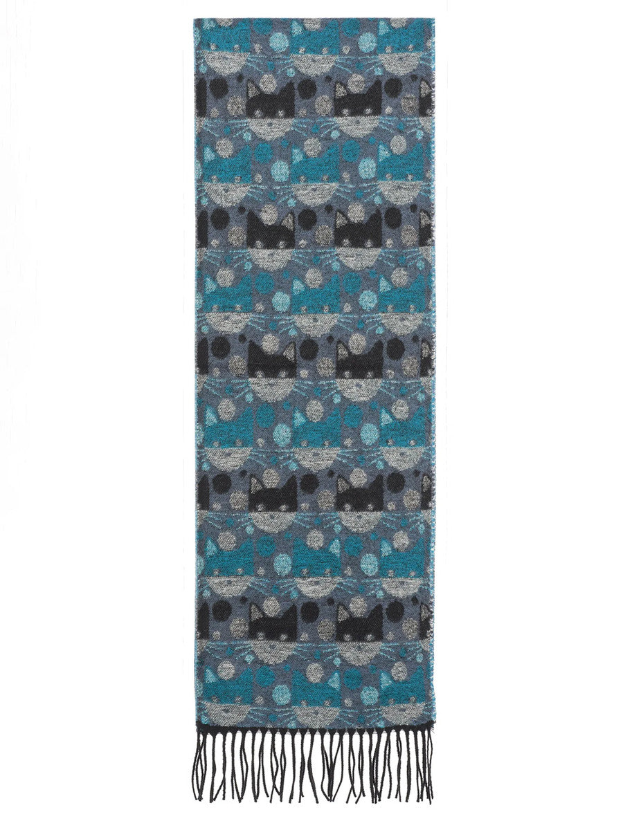 Soft Cat Motif Fringed Scarf - Turquoise Black