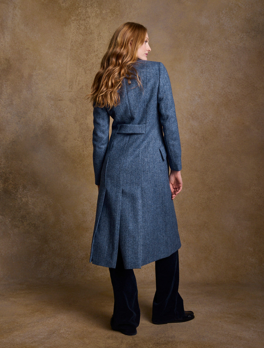 Fran Long Tweed Coat - Light Blue Herringbone