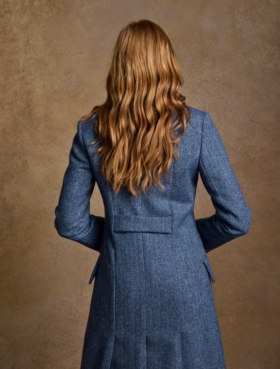Fran Long Tweed Coat - Light Blue Herringbone