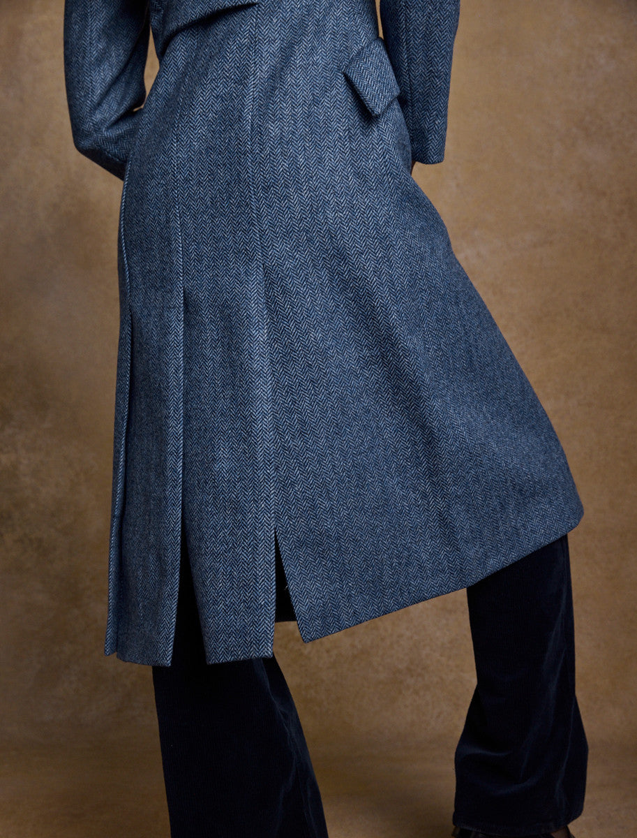 Fran Long Tweed Coat - Light Blue Herringbone