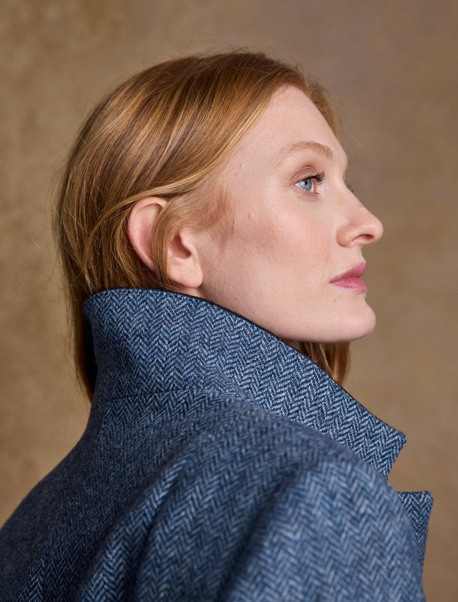Fran Long Tweed Coat - Light Blue Herringbone