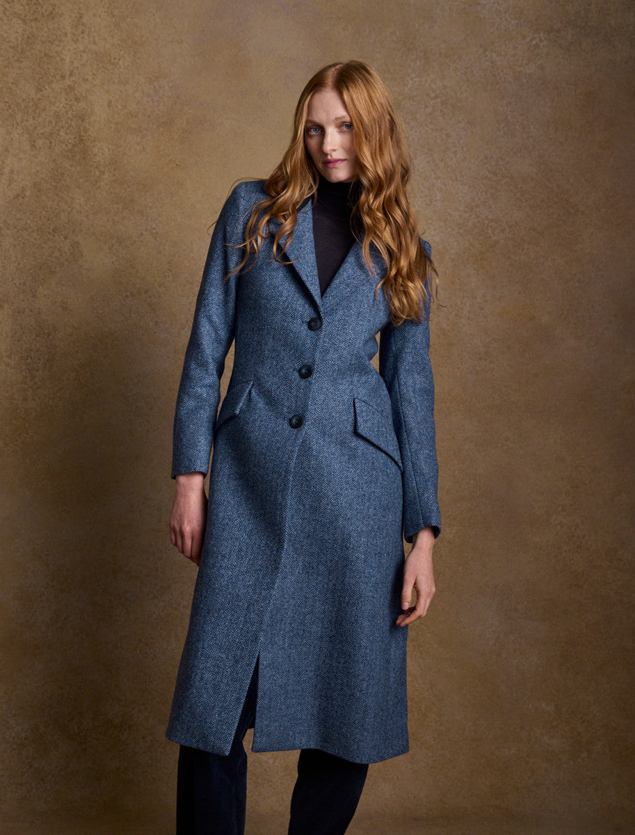 Fran Long Tweed Coat - Light Blue Herringbone