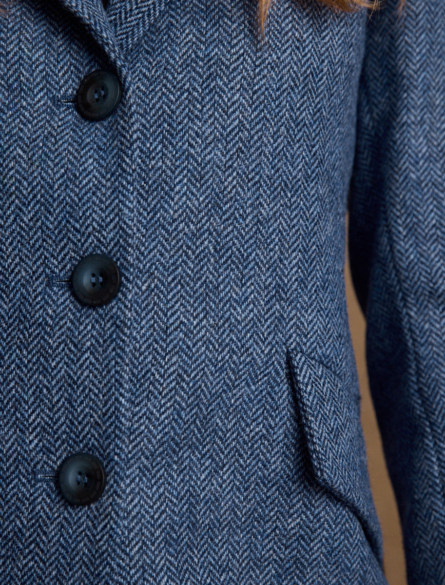 Fran Long Tweed Coat - Light Blue Herringbone