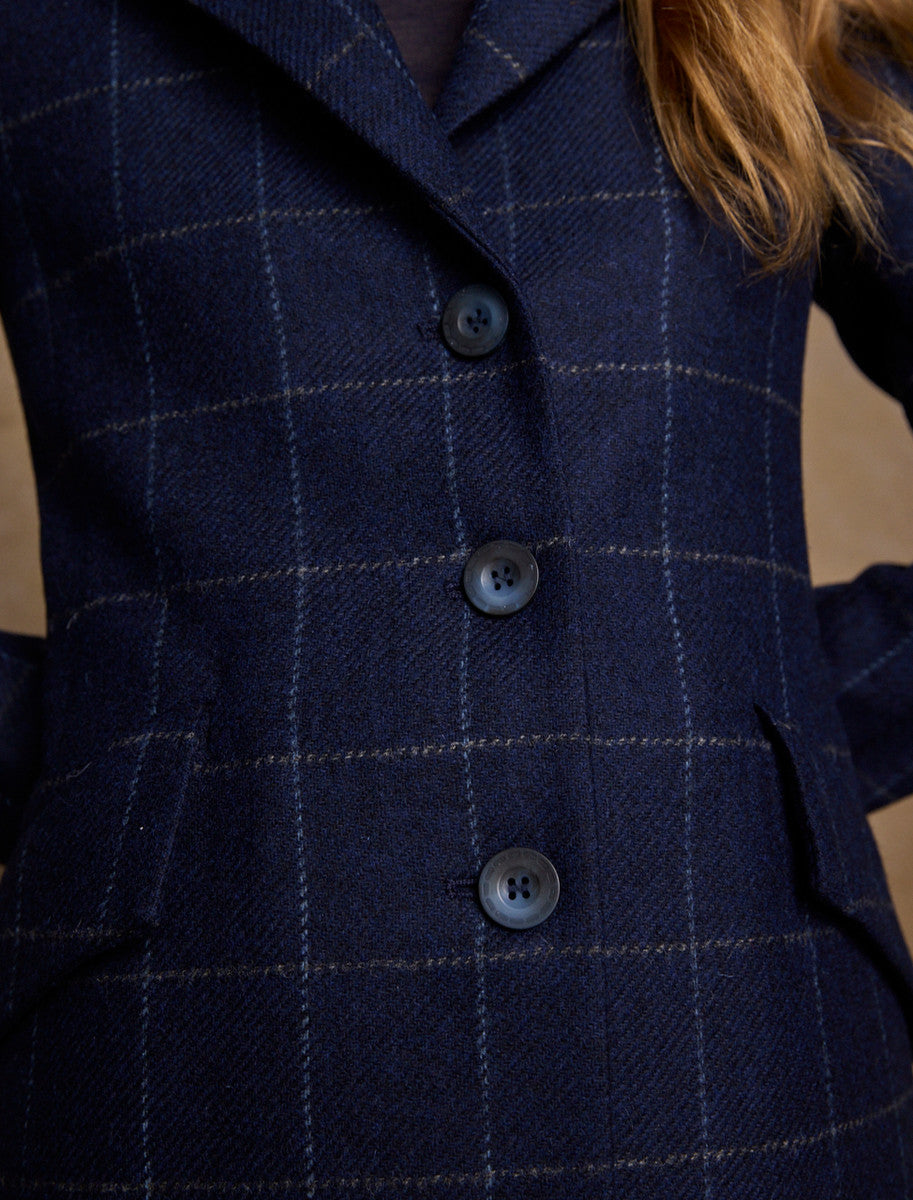 Fran Classic Long Tweed Coat - Navy Check