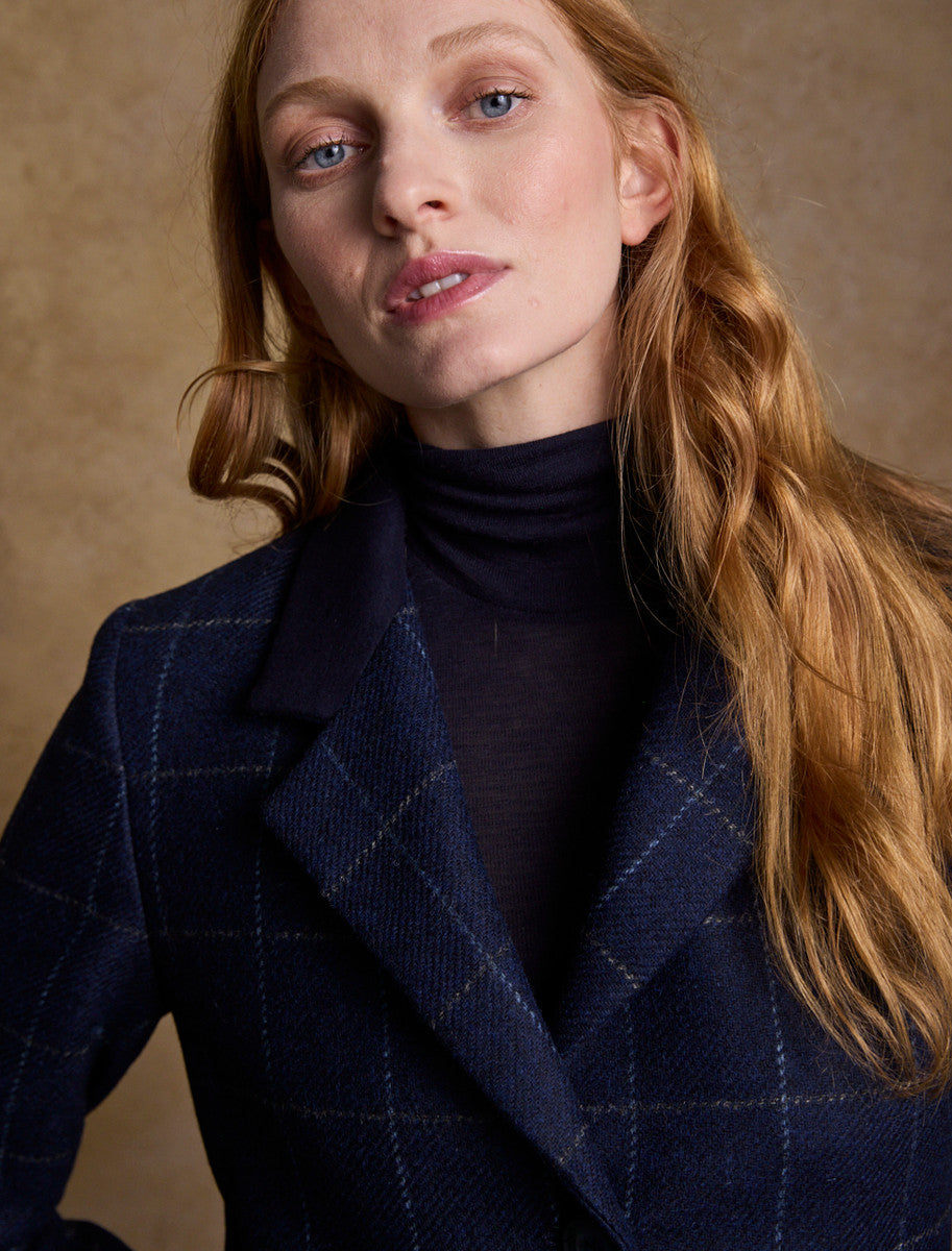 Fran Classic Long Tweed Coat - Navy Check