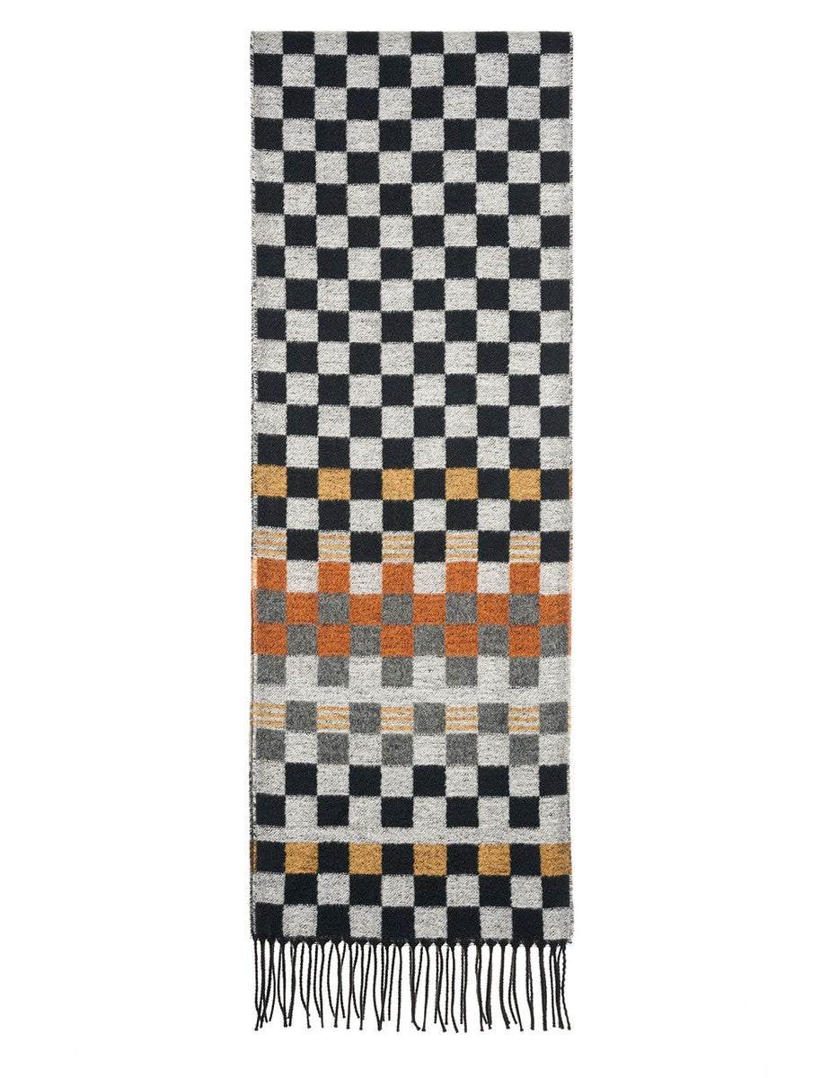 Soft Motif Fringed Scarf - Black White & Tan