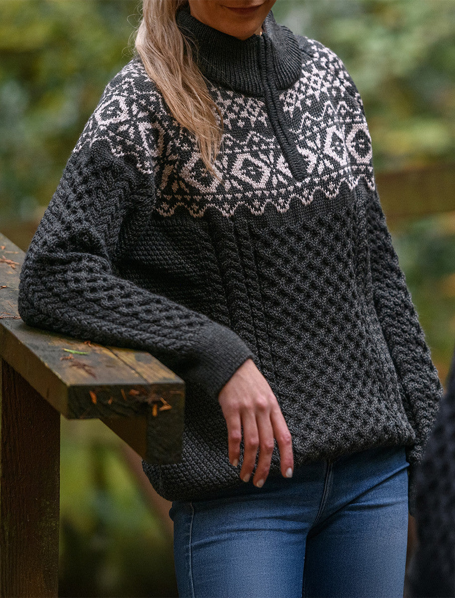 Ladies Aran Half-Zip Jacquard Sweater - Army Green