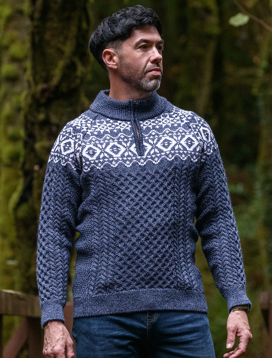 Aran Half-Zip Jacquard Sweater - Denim Marl