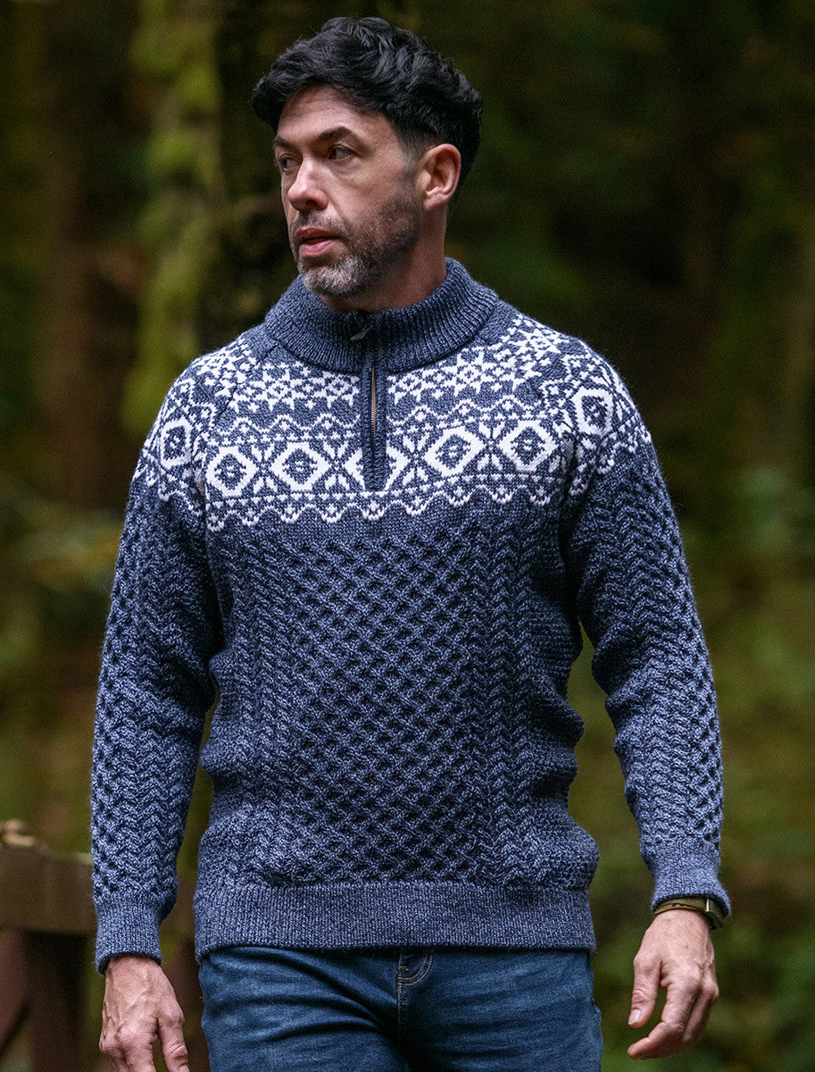 Aran Half-Zip Jacquard Sweater - Denim Marl
