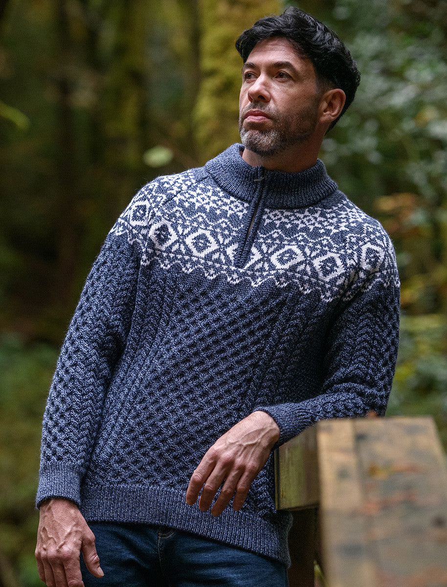Aran Half-Zip Jacquard Sweater - Denim Marl
