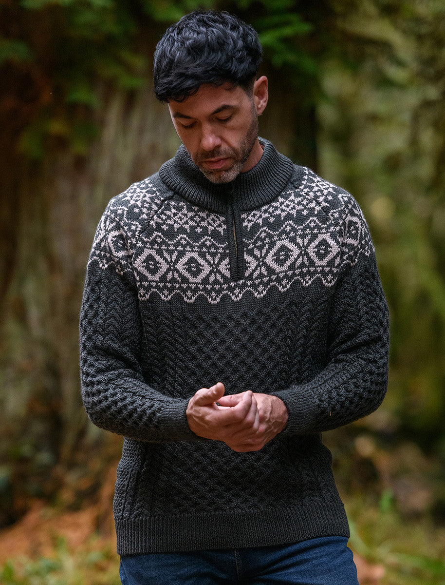 Aran Half-Zip Jacquard Sweater - Green