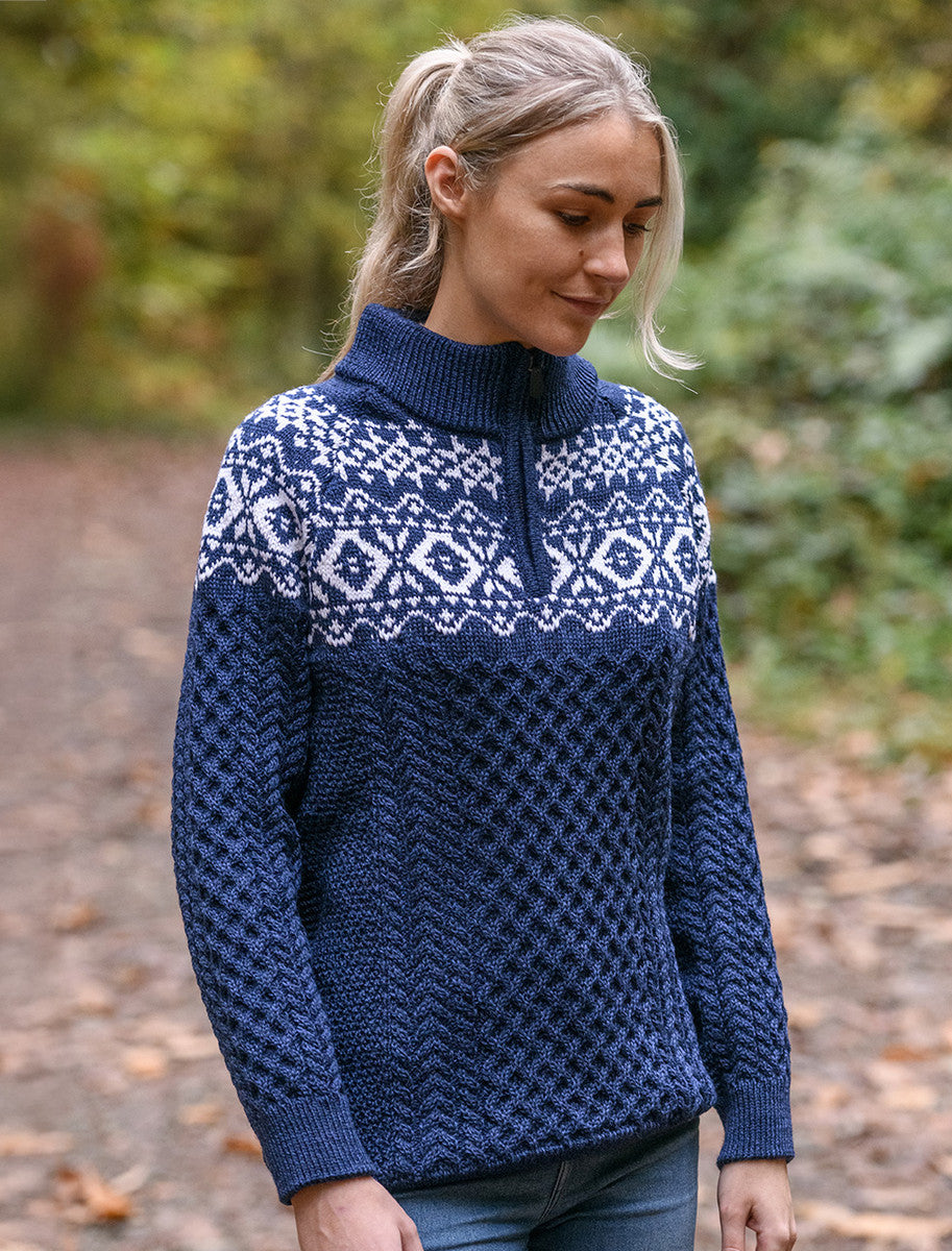 Ladies Aran Half-Zip Jacquard Sweater - Deep Water Blue