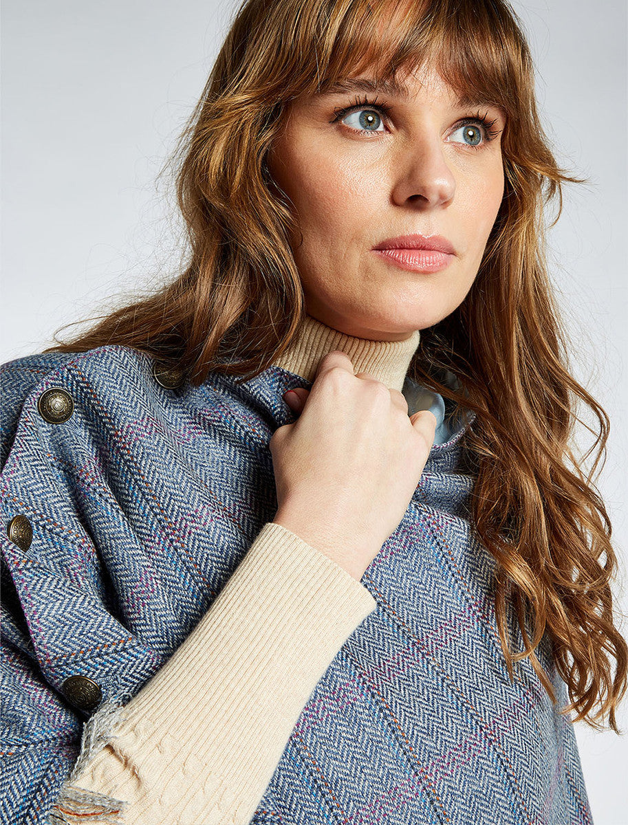 Hazelwood Pure Wool Tweed Poncho - Denim Haze