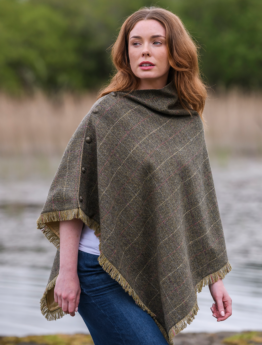Hazelwood Pure Wool Tweed Poncho - Thistle