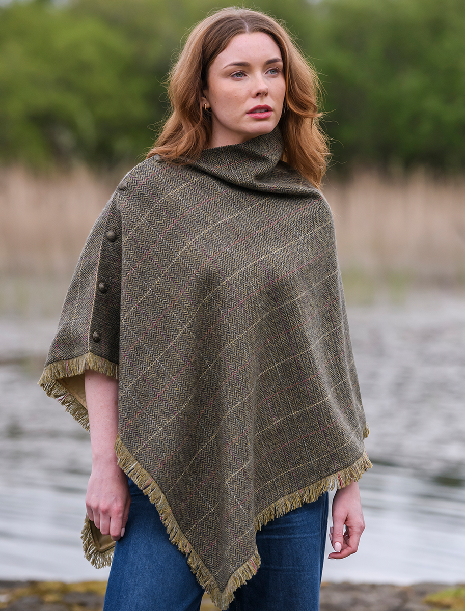 Hazelwood Pure Wool Tweed Poncho - Thistle