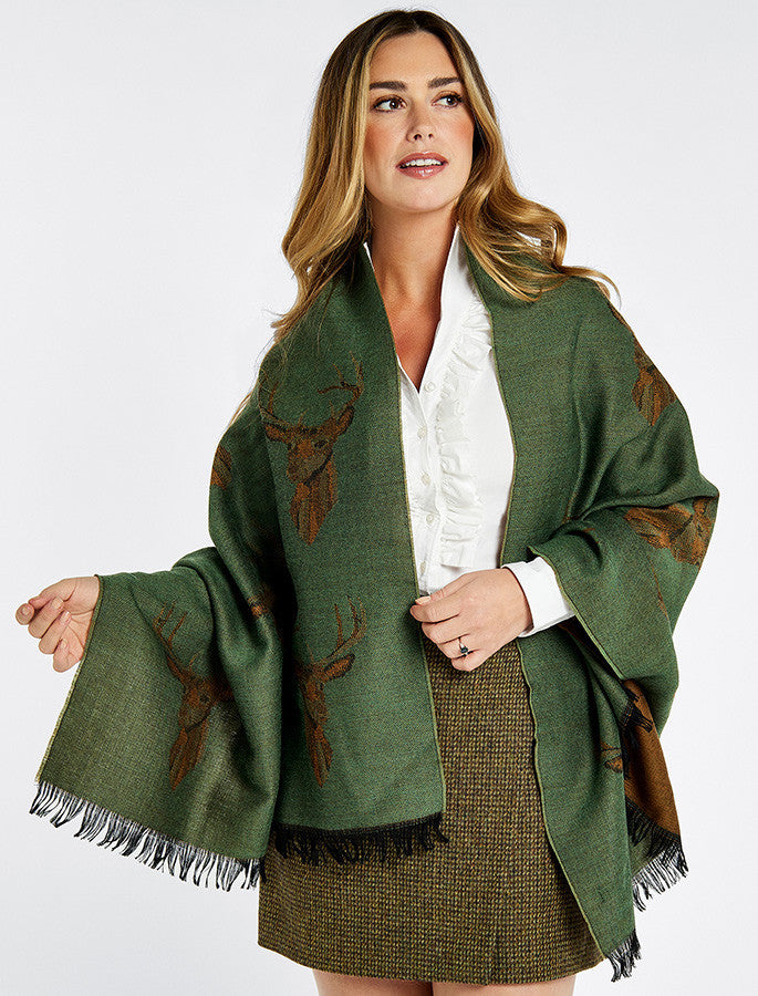 Heatherbell Wool Tweed Fringed Stole - Dusky Green