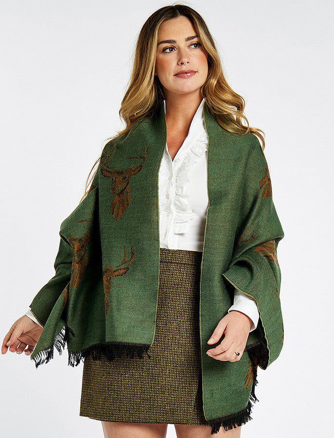 Heatherbell Wool Tweed Fringed Stole - Dusky Green