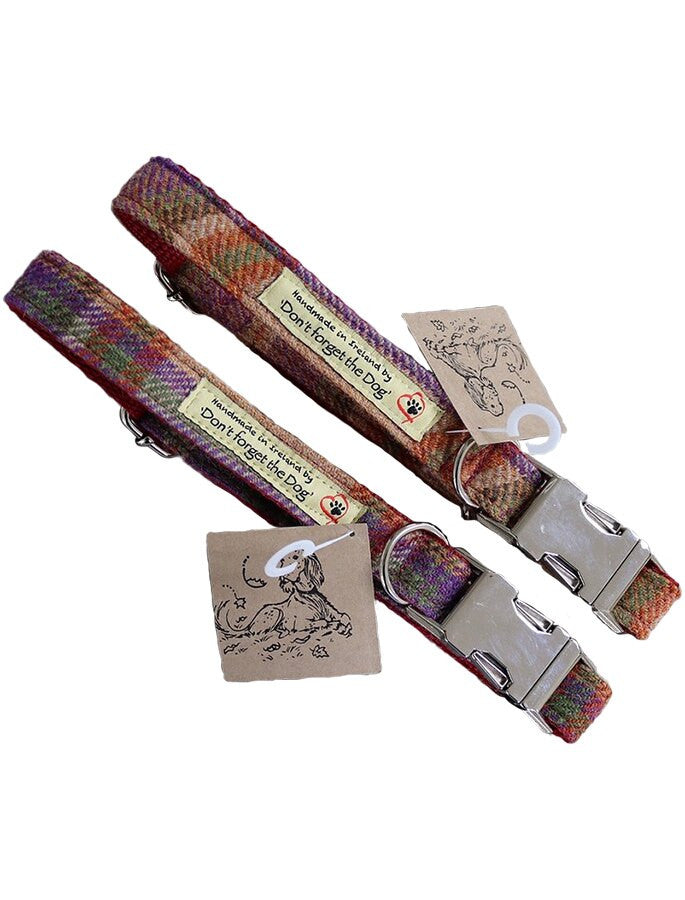 Tweed Dog Collar Metal Buckle - Burgundy Plaid