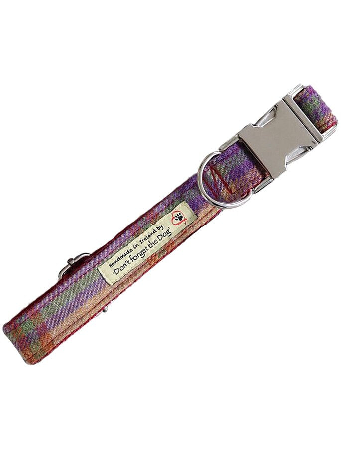 Tweed Dog Collar Metal Buckle - Burgundy Plaid