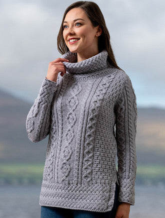 Aran Cowl Neck Tunic Sweater - Soft Grey