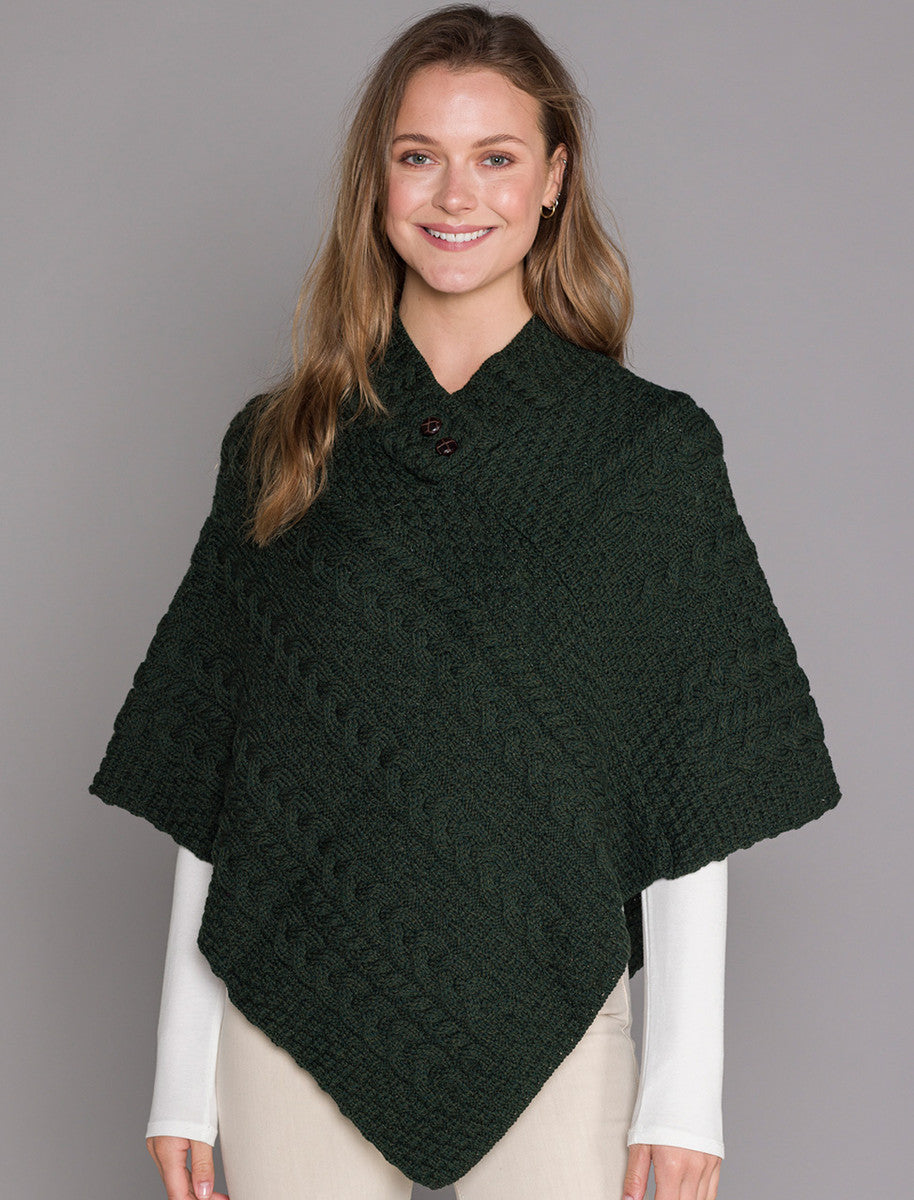 Cable Poncho with Aran Button Detail - Army Green