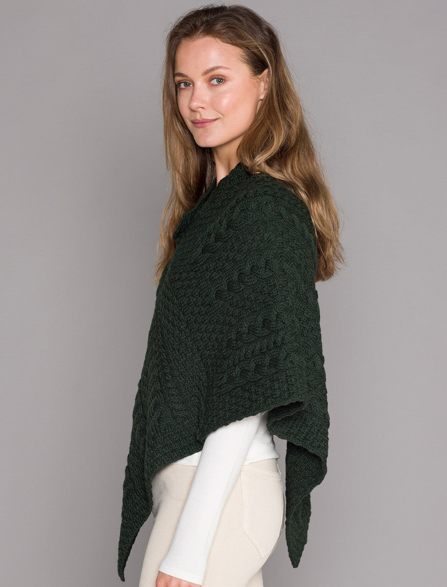 Cable Poncho with Aran Button Detail - Army Green