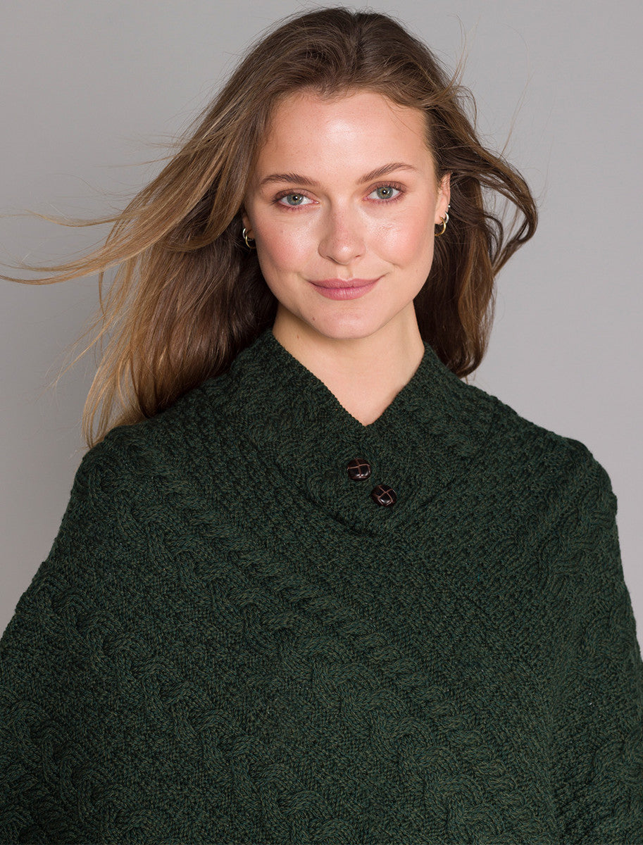 Cable Poncho with Aran Button Detail - Army Green