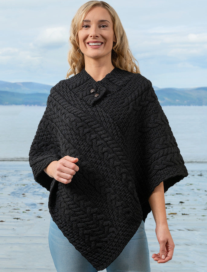 Cable Poncho with Aran Button Detail - Black