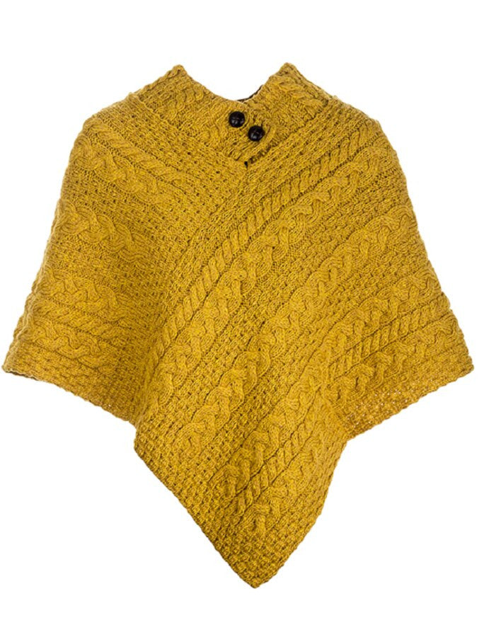 Cable Aran Poncho With Button Detail - Sunflower Yellow