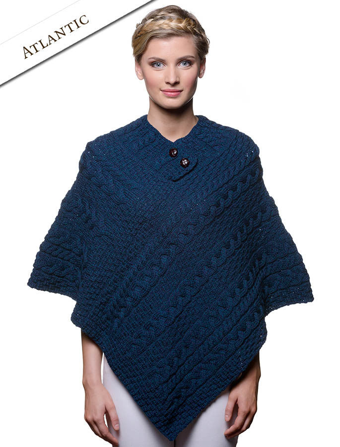 Cable Poncho with Aran Button Detail - Atlantic