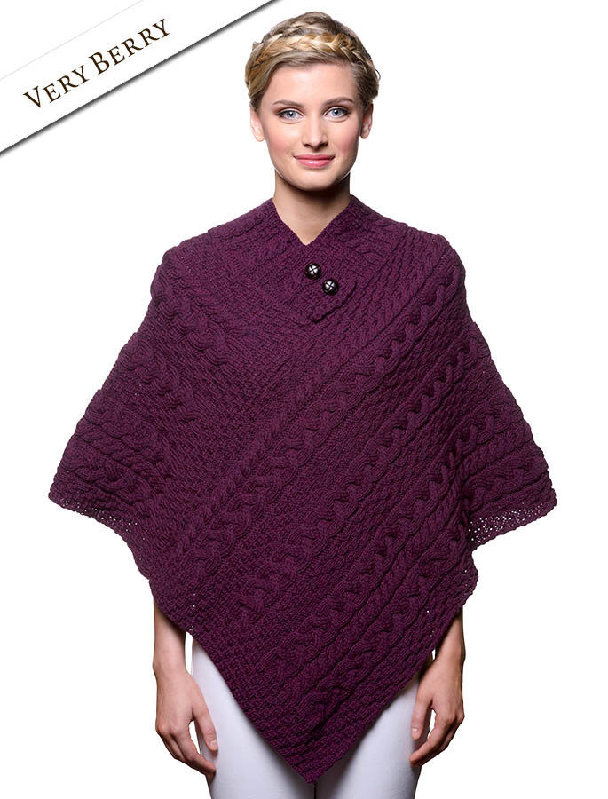 Cable Poncho with Aran Button Detail - Very Berry