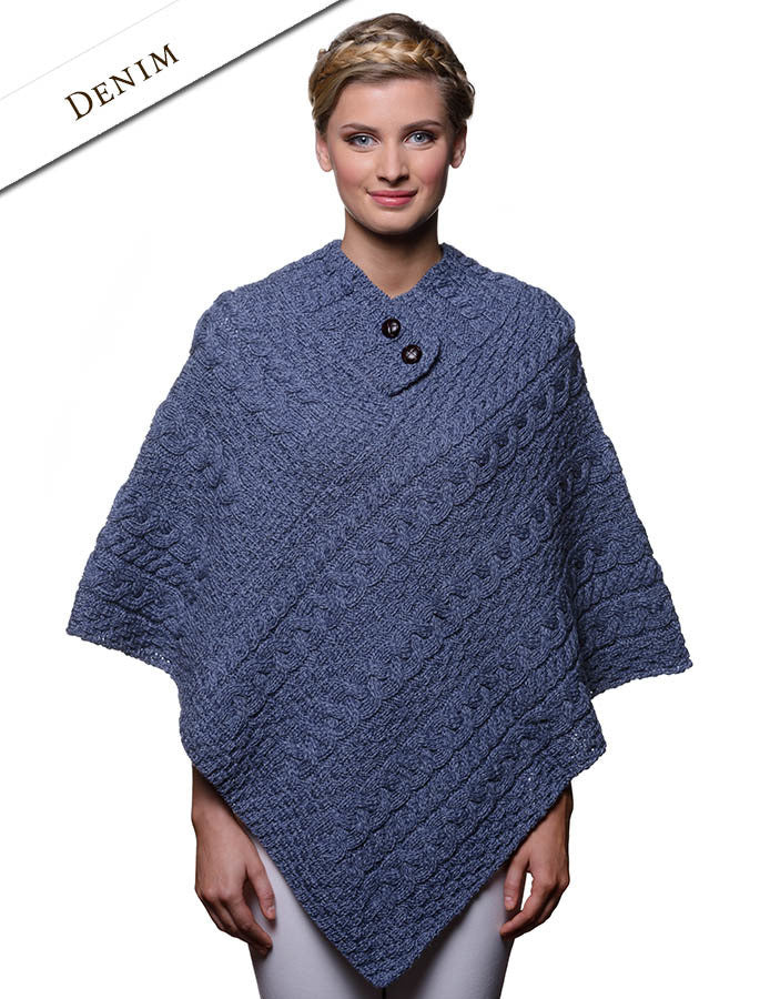 Cable Poncho with Aran Button Detail - Denim