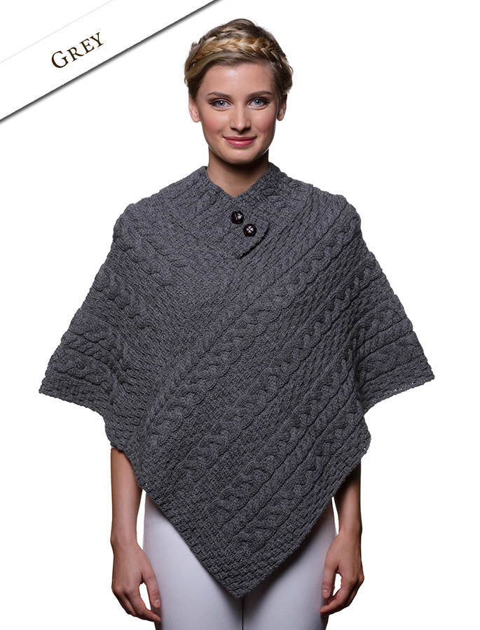 Cable Poncho with Aran Button Detail - Grey