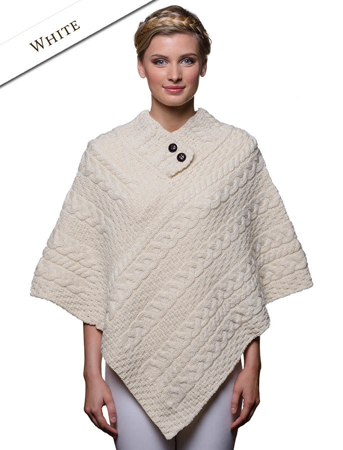 Cable Poncho with Aran Button Detail - Natural White