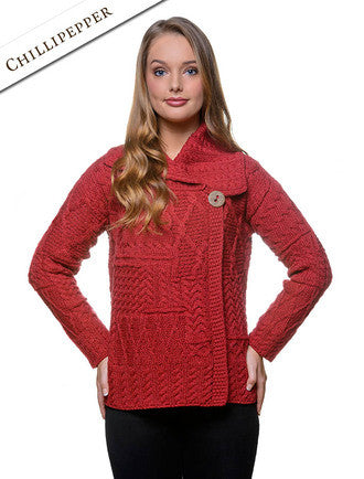Patchwork Cardigan with Collar - Chillipepper