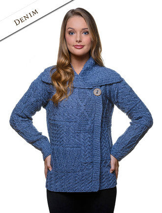 Patchwork Cardigan with Collar - Denim