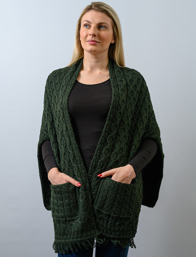 Aran Shawl Wrap with Pockets - Army Green