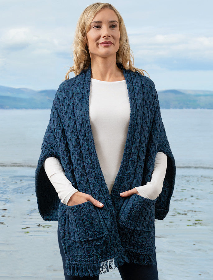 Aran Shawl Wrap with Pockets - Atlantic